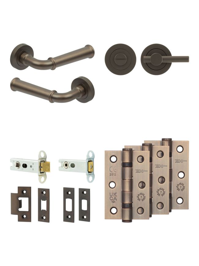 Complete Classic Door Handle Pack - Heavy Duty Tubular Bathroom (Plain Thumb Turn) - Dark Bronze - 76mm / 3-inch Hinges - JE-A31B2-DB