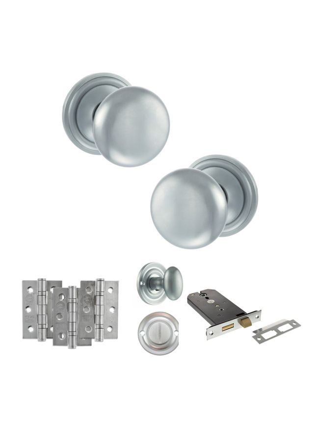 Old English Harrogate Door Knob Pack (Lock Set - Horizontal Bathlock, 4" Fire Rated Hinges x3) - Satin Chrome