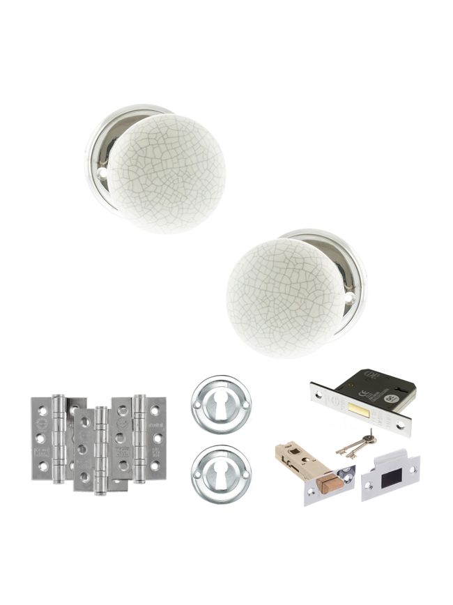 Old English Skipton Door Knob Pack (Lock Set - 3" Latch & Deadlock, 3" Fire Rated Hinges x3) - Polished Chrome