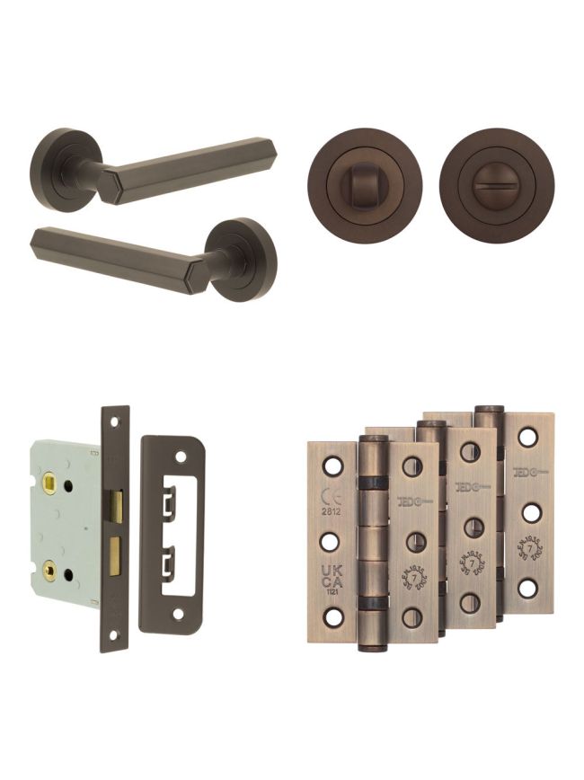 Complete Hex Door Handle Pack - Bathroom Lock (Standard Thumb Turn) - Dark Bronze - 76mm / 3-inch Hinges - JE-C6B3-DB