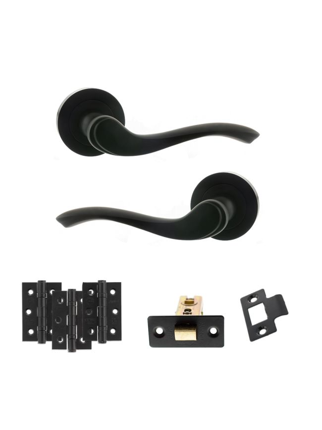 Old English Warwick Door Handle Pack (Latch Set - 2.5" CE Latch, 3" Fire Rated Hinges x3) - Matt Black