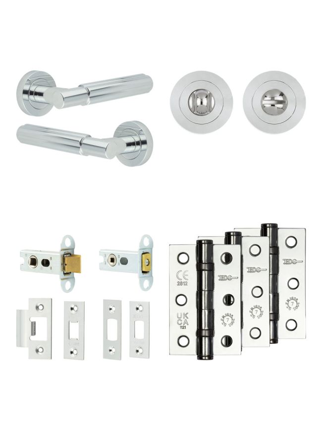 Complete Bloom Door Handle Pack - Heavy Duty Tubular Bathroom (Standard Thumb Turn) - Polished Chrome - 64mm / 3-inch Hinges - JE-B30B3-PC