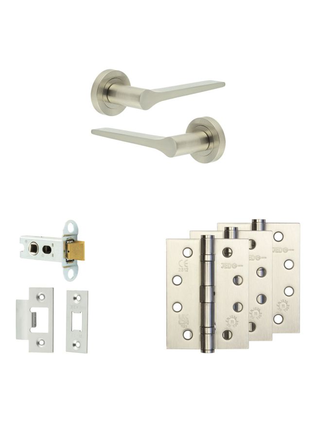 Complete Gio Door Handle Pack - Heavy Duty Latch - Satin Nickel - 64mm / 4-inch Hinges - JE-E20A-SN