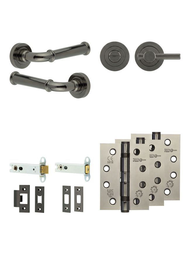 Complete Classic Door Handle Pack - Heavy Duty Tubular Bathroom (Plain Thumb Turn) - Black Nickel - 102mm / 4-inch Hinges - JE-A32A2-BN