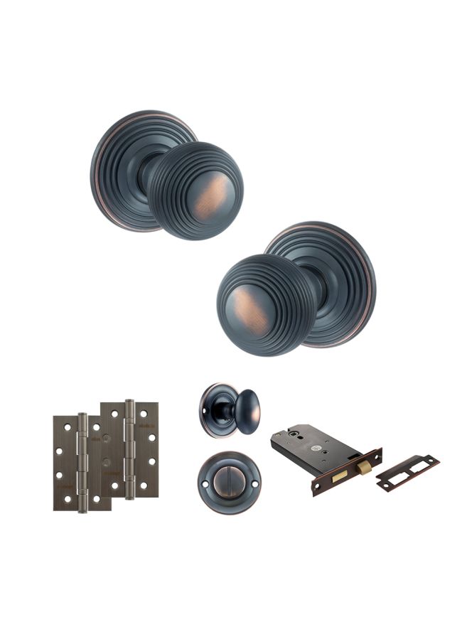 Old English Ripon Door Knob Pack (Lock Set - Horizontal Bathlock, 4" Slim Knuckle Hinges x2) - Antique Copper
