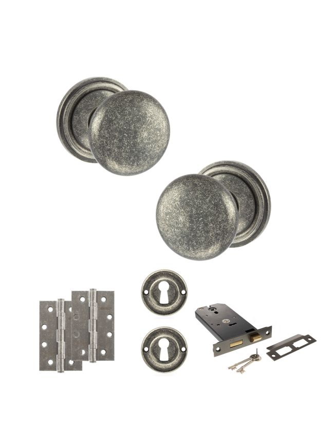 Old English Harrogate Door Knob Pack (Lock Set - Horizontal Sashlock, 4" Slim Knuckle Hinges x2) - Distressed Silver