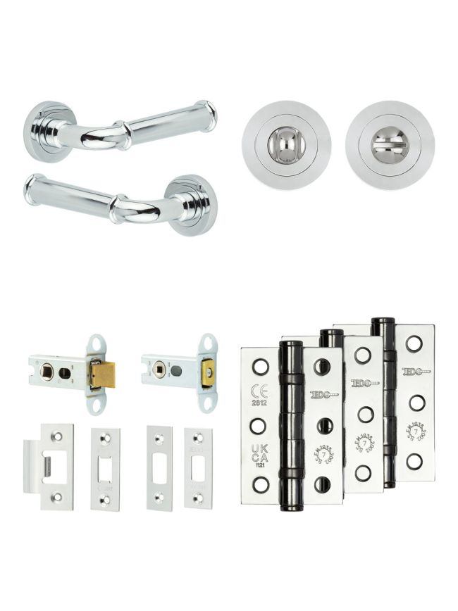 Complete Classic Door Handle Pack - Heavy Duty Tubular Bathroom (Standard Thumb Turn) - Polished Chrome - 64mm / 3-inch Hinges - JE-A30B3-PC