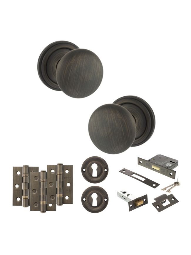 Old English Harrogate Door Knob Pack (Lock Set - 3" Latch & Deadlock, 3" Fire Rated Hinges x3) - Urban Bronze