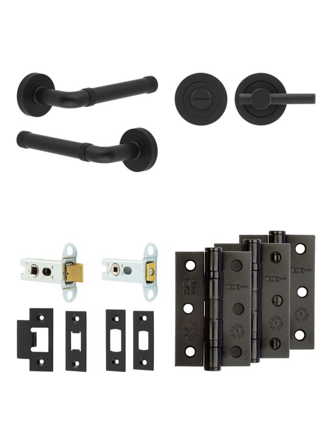 Complete Midtown Door Handle Pack - Heavy Duty Tubular Bathroom (Plain Thumb Turn) - Matt Black - 64mm / 3-inch Hinges - JE-G30B2-MB