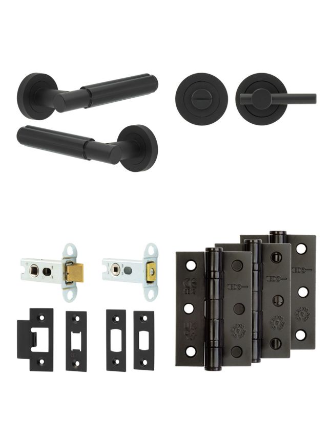 Complete Bloom Door Handle Pack - Heavy Duty Tubular Bathroom (Plain Thumb Turn) - Matt Black - 64mm / 3-inch Hinges - JE-B30B2-MB