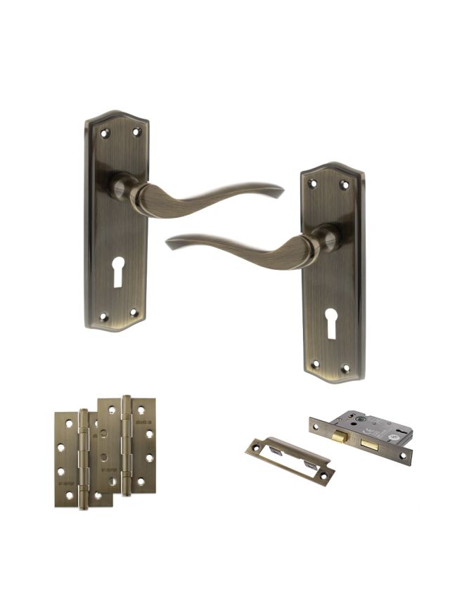Old English Warwick Door Handle Pack (3 Lever Lock Set - 3" CE Sashlock, 4" Slim Knuckle Hinges x2) - Antique Brass