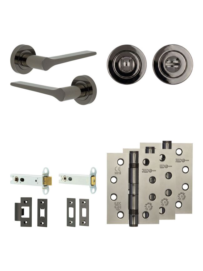 Complete Gio Door Handle Pack - Heavy Duty Tubular Bathroom (Standard Thumb Turn) - Black Nickel - 102mm / 4-inch Hinges - JE-E32A3-BN
