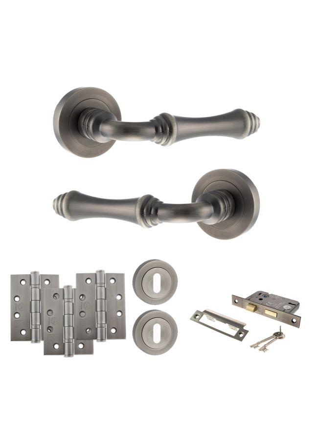 Old English Durham Door Handle Pack (3 Lever Lock Set - 2.5" CE Sashlock, 4" Fire Rated Hinges x3) - Matt Gun Metal