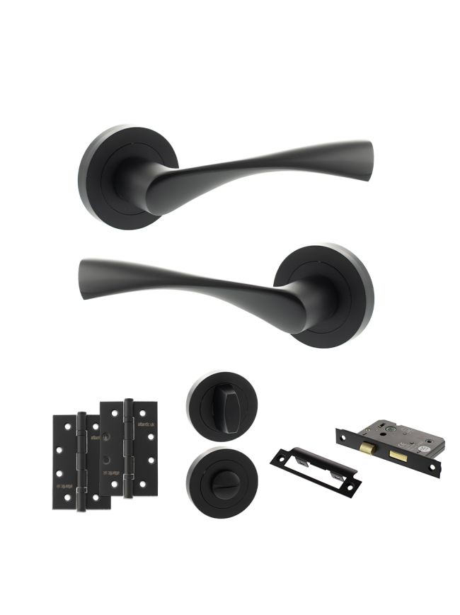 Eco Aqua Door Handle Pack (Bathroom Set - 2.5" CE Bathroom Lock, 4" Slim Knuckle Hinges x2) - Matt Black
