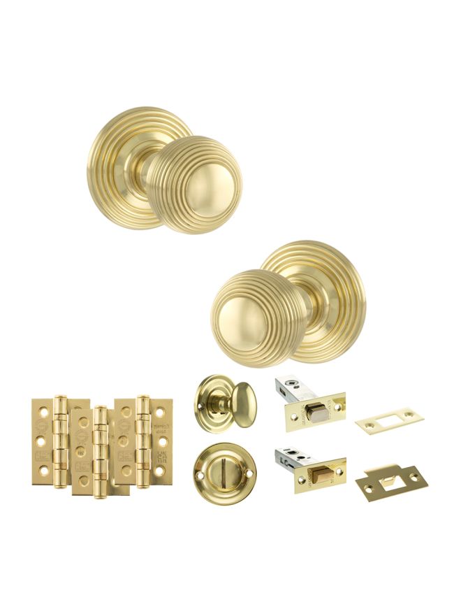 Old English Ripon Door Knob Pack (Bathroom Set - 4" Deadbolt, 3" Fire Rated Hinges x3) - Polished Brass