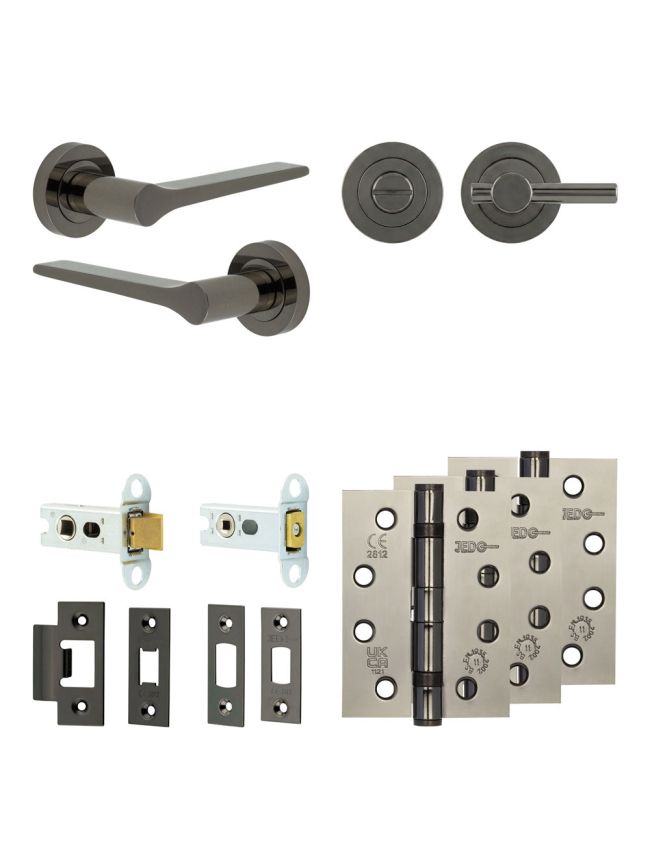 Complete Gio Door Handle Pack - Heavy Duty Tubular Bathroom (Plain Thumb Turn) - Black Nickel - 64mm / 4-inch Hinges - JE-E30A2-BN