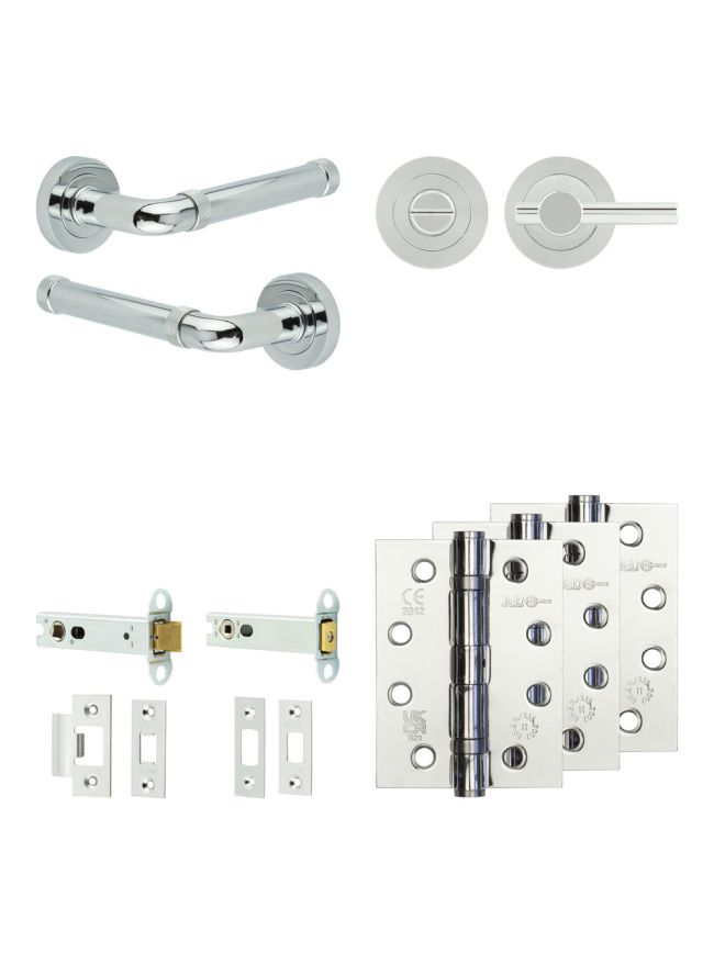 Complete Midtown Door Handle Pack - Heavy Duty Tubular Bathroom (Plain Thumb Turn) - Polished Chrome - 102mm / 4-inch Hinges - JE-G32A2-PC