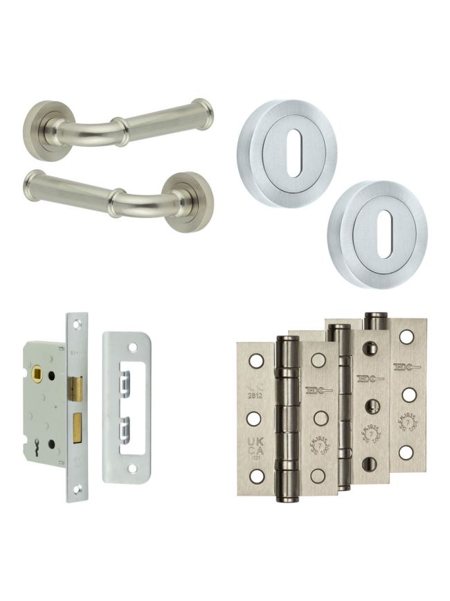 Complete Classic Door Handle Pack - Sashlock - Satin Nickel - 65mm / 3-inch Hinges - JE-A7B8-SN