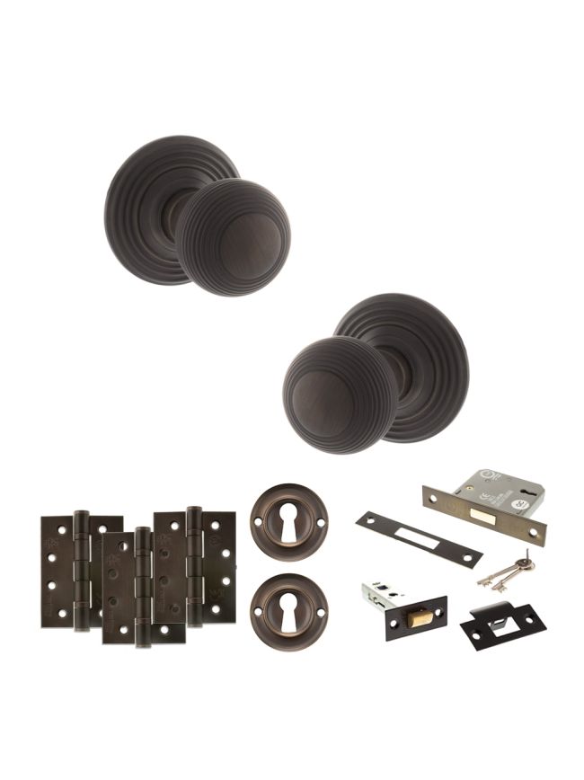 Old English Ripon Door Knob Pack (Lock Set - 3" Latch & Deadlock, 4" Fire Rated Hinges x3) - Urban Dark Bronze