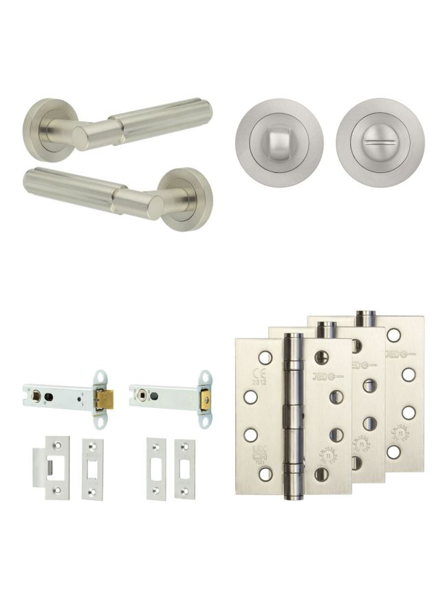 Complete Bloom Door Handle Pack - Heavy Duty Tubular Bathroom (Standard Thumb Turn) - Satin Nickel - 102mm / 4-inch Hinges - JE-B32A3-SN