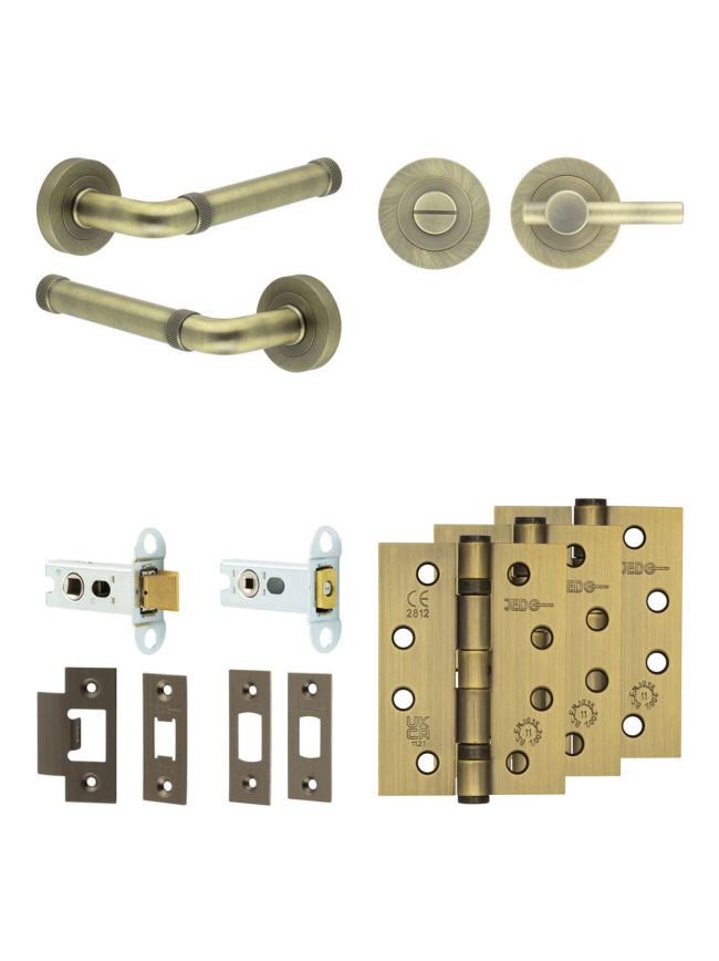 Complete Midtown Door Handle Pack - Heavy Duty Tubular Bathroom (Plain Thumb Turn) - Antique Brass - 64mm / 4-inch Hinges - JE-G30A2-AB