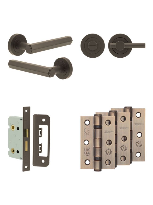 Complete Hex Door Handle Pack - Bathroom Lock (Plain Thumb Turn) - Dark Bronze - 65mm / 3-inch Hinges - JE-C5B2-DB