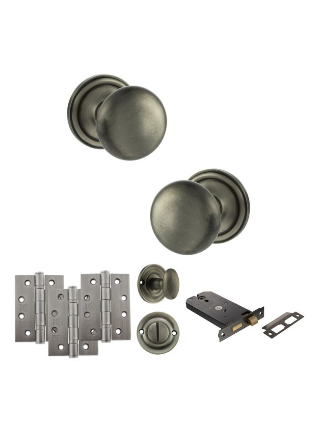 Old English Harrogate Door Knob Pack (Lock Set - Horizontal Bathlock, 4" Fire Rated Hinges x3) - Matt Gun Metal