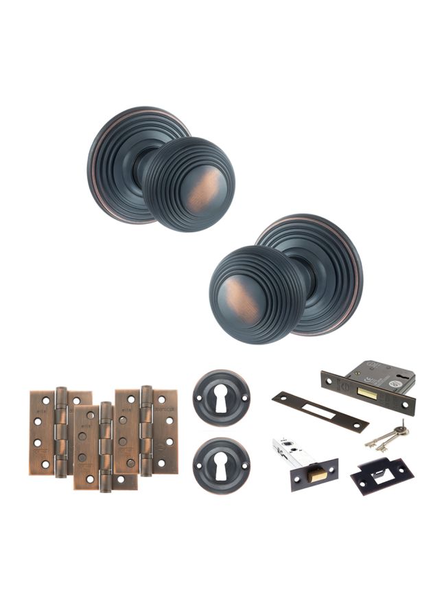 Old English Ripon Door Knob Pack (Lock Set - 3" Latch & Deadlock, 4" Fire Rated Hinges x3) - Antique Copper