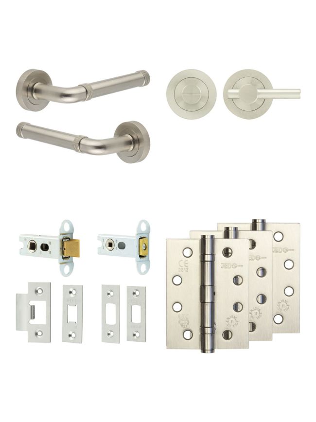 Complete Midtown Door Handle Pack - Heavy Duty Tubular Bathroom (Plain Thumb Turn) - Satin Nickel - 64mm / 4-inch Hinges - JE-G30A2-SN