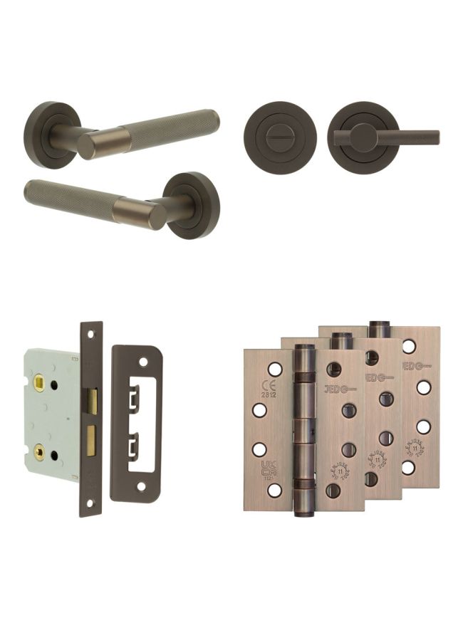 Complete Bari Door Handle Pack - Bathroom Lock (Knurled Thumb Turn) - Dark Bronze - 76mm / 4-inch Hinges - JE-D6A1-DB