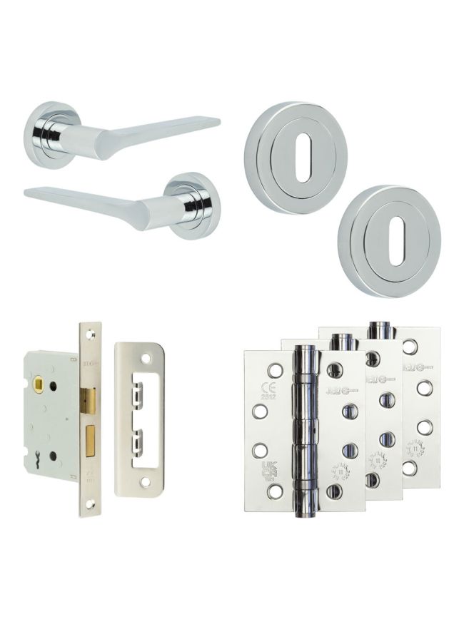 Complete Gio Door Handle Pack - Sashlock - Polished Chrome - 76mm / 4-inch Hinges - JE-E8A8-PC