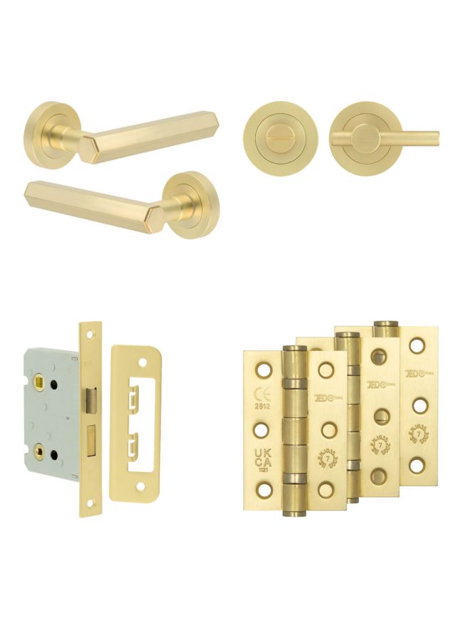 Complete Hex Door Handle Pack - Bathroom Lock (Plain Thumb Turn) - Satin Brass - 76mm / 3-inch Hinges - JE-C6B2-SB