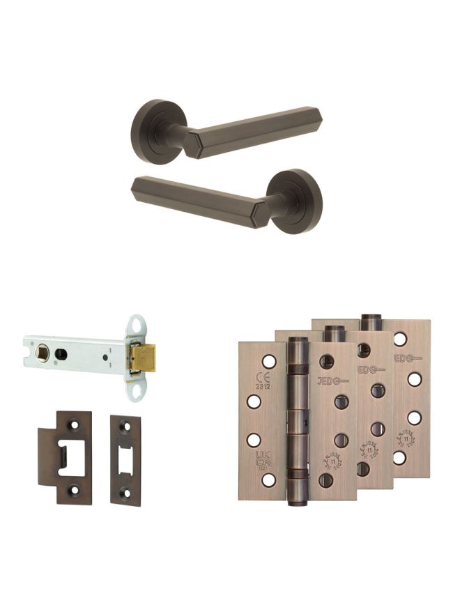 Complete Hex Door Handle Pack - Heavy Duty Latch - Dark Bronze - 102mm / 4-inch Hinges - JE-C22A-DB
