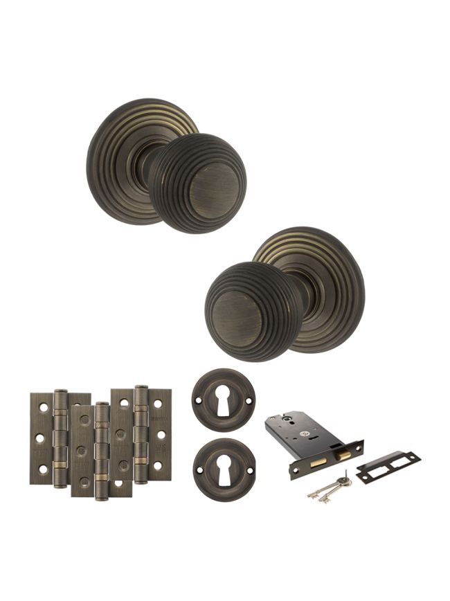 Old English Ripon Door Knob Pack (Lock Set - Horizontal Sashlock, 3" Fire Rated Hinges x3) - Urban Bronze