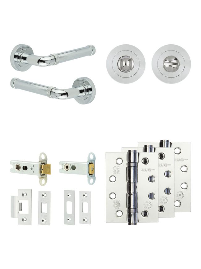 Complete Midtown Door Handle Pack - Heavy Duty Tubular Bathroom (Standard Thumb Turn) - Polished Chrome - 76mm / 4-inch Hinges - JE-G31A3-PC