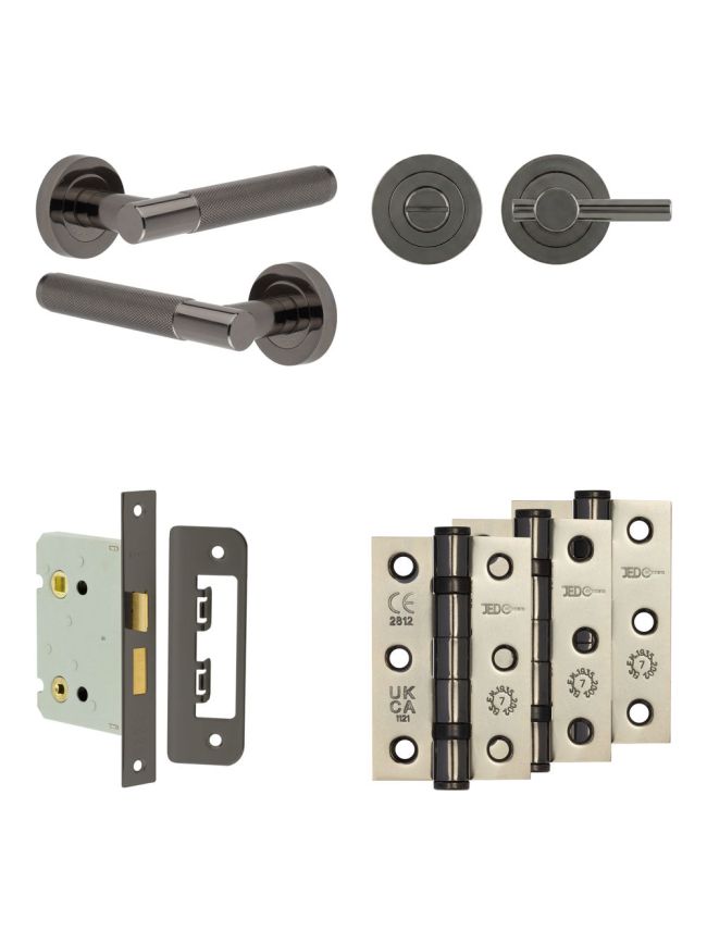 Complete Bari Door Handle Pack - Bathroom Lock (Plain Thumb Turn) - Black Nickel - 76mm / 3-inch Hinges - JE-D6B2-BN