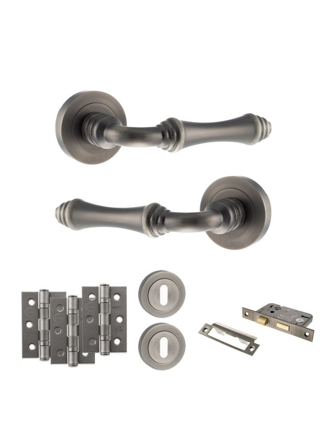 Old English Durham Door Handle Pack (3 Lever Lock Set - 2.5" CE Sashlock, 3" Fire Rated Hinges x3) - Matt Gun Metal