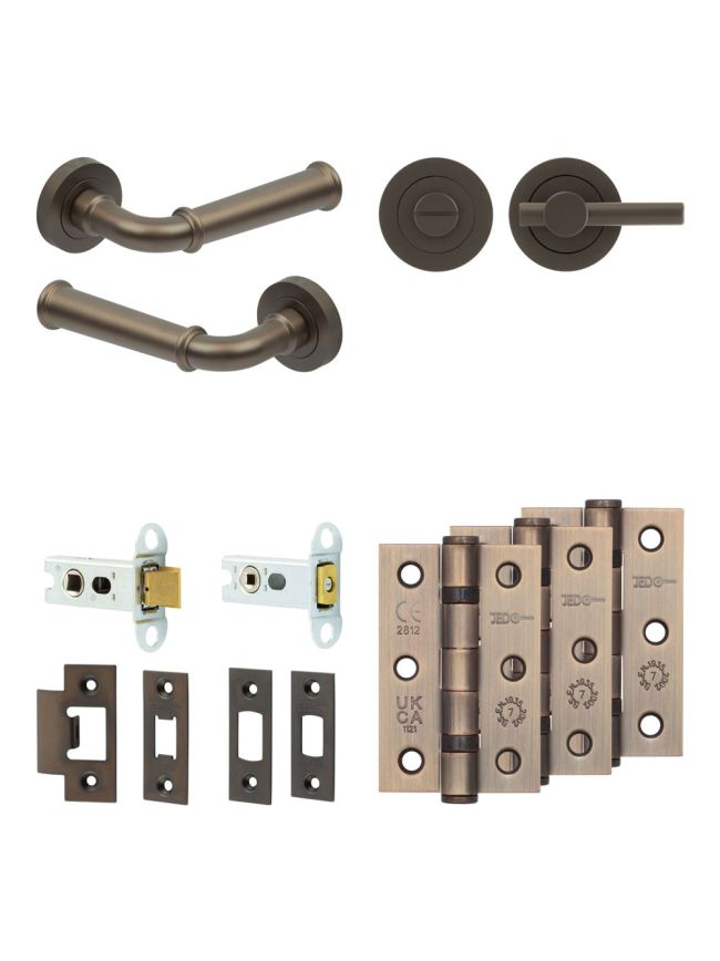 Complete Classic Door Handle Pack - Heavy Duty Tubular Bathroom (Plain Thumb Turn) - Dark Bronze - 64mm / 3-inch Hinges - JE-A30B2-DB