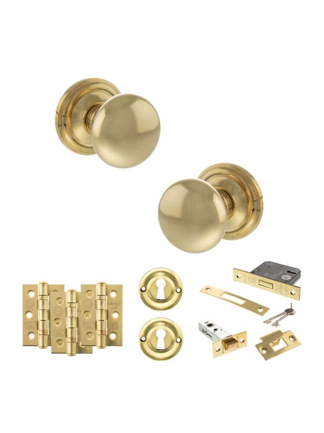 Old English Harrogate Door Knob Pack (Lock Set - 3" Latch & Deadlock, 3" Fire Rated Hinges x3) - Raw Brass
