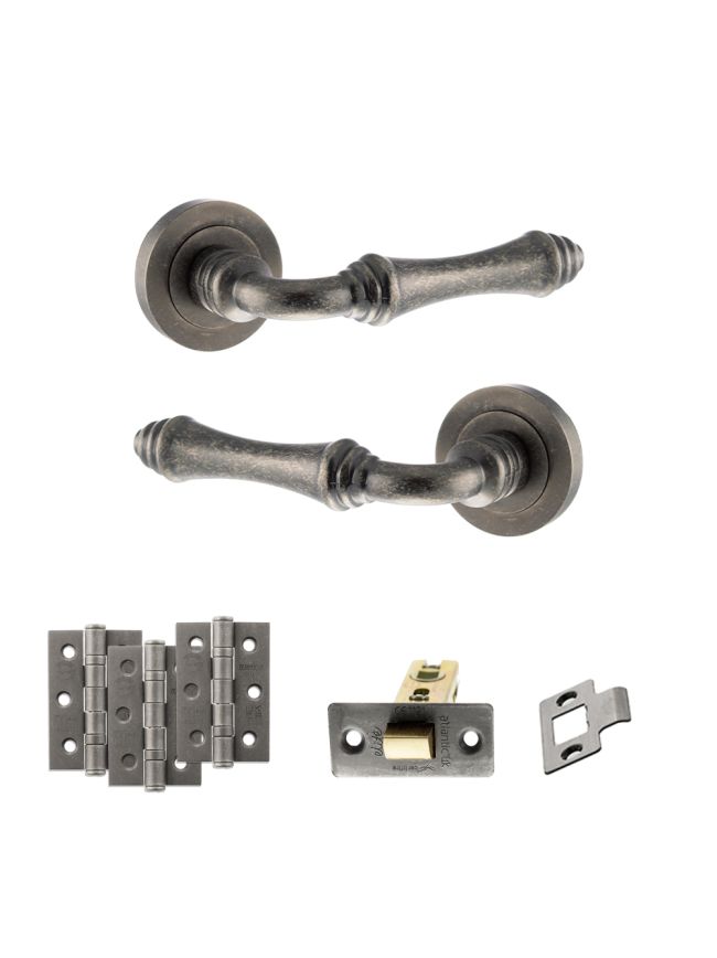 Old English Durham Door Handle Pack (Latch Set - 2.5" CE Latch, 3" Fire Rated Hinges x3) - Distressed Silver