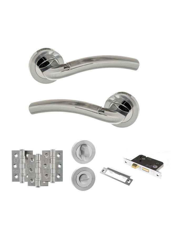 Eco Crest Door Handle Pack (Bathroom Set - 2.5" CE Bathroom Lock, 3" Fire Rated Hinges x3) - Satin Chrome/Polished Chrome