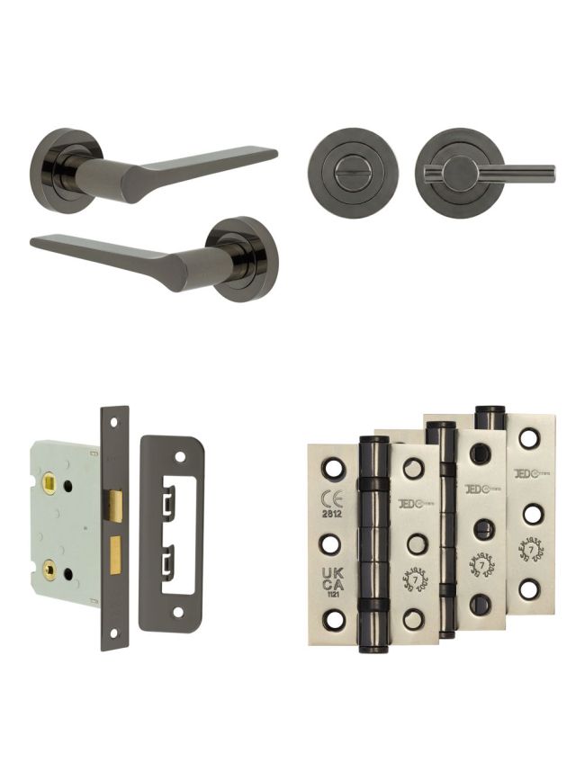 Complete Gio Door Handle Pack - Bathroom Lock (Plain Thumb Turn) - Black Nickel - 76mm / 3-inch Hinges - JE-E6B2-BN