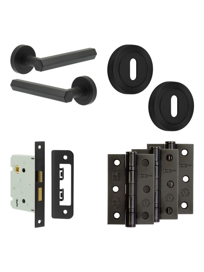 Complete Hex Door Handle Pack - Sashlock - Matt Black - 76mm / 3-inch Hinges - JE-C8B8-MB