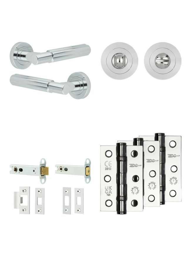 Complete Bloom Door Handle Pack - Heavy Duty Tubular Bathroom (Standard Thumb Turn) - Polished Chrome - 102mm / 3-inch Hinges - JE-B32B3-PC