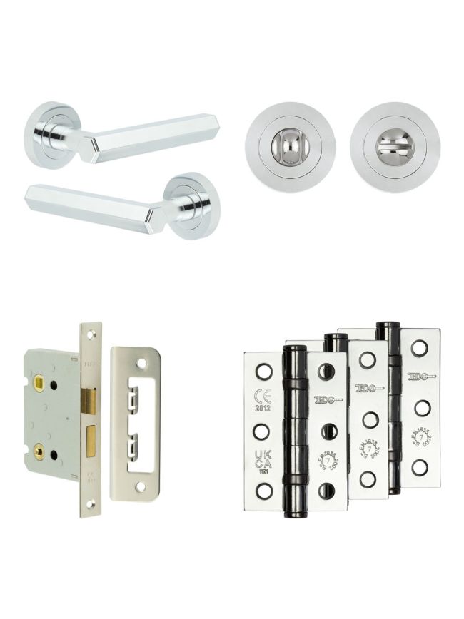 Complete Hex Door Handle Pack - Bathroom Lock (Standard Thumb Turn) - Polished Chrome - 76mm / 3-inch Hinges - JE-C6B3-PC