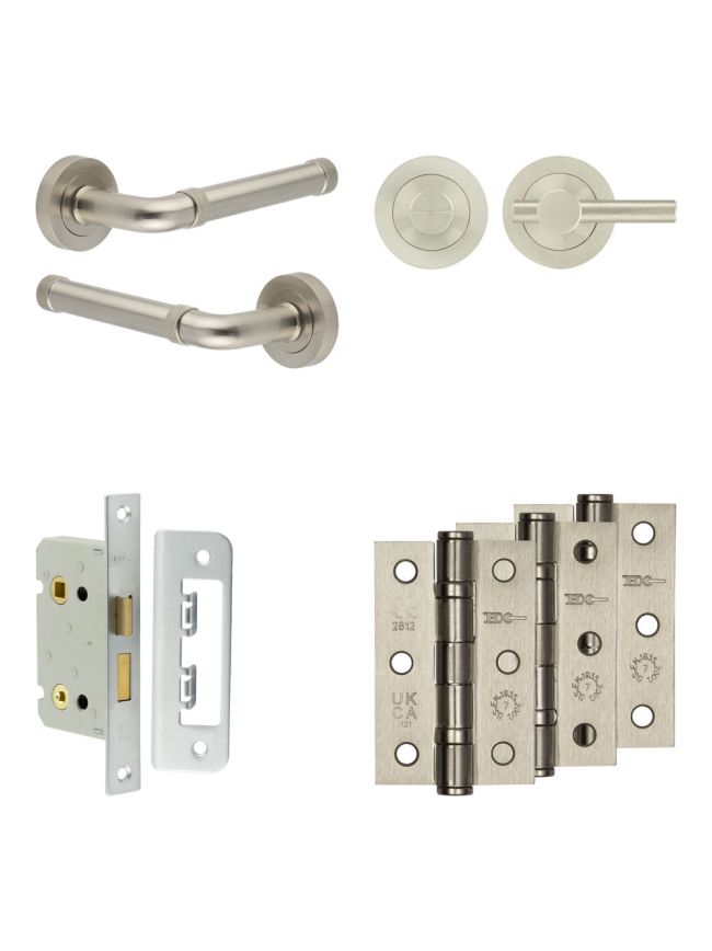 Complete Midtown Door Handle Pack - Bathroom Lock (Knurled Thumb Turn) - Satin Nickel - 65mm / 3-inch Hinges - JE-G5B1-SN
