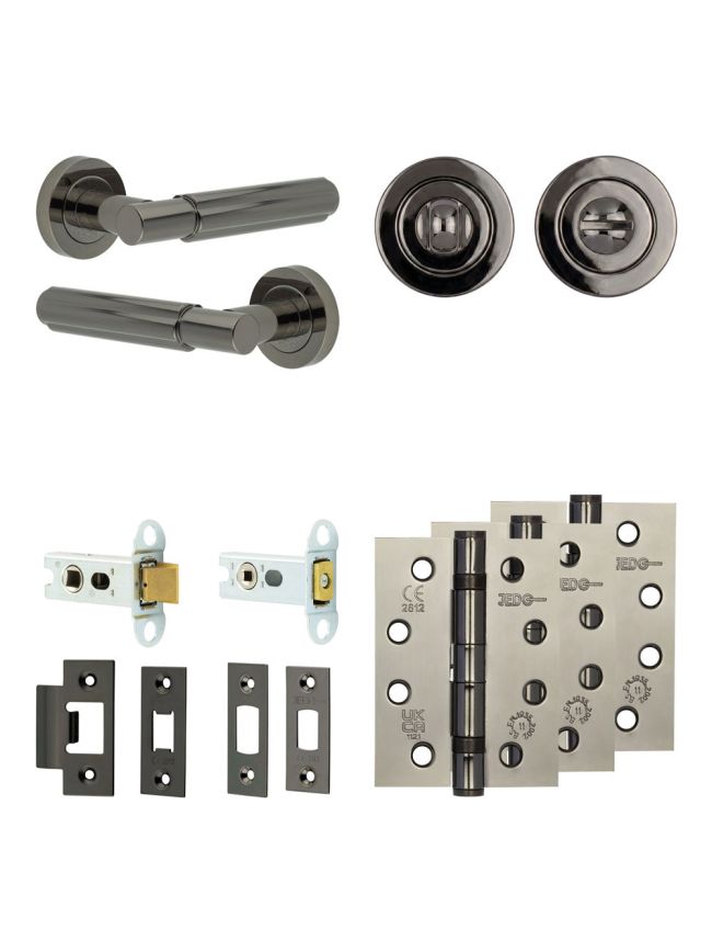 Complete Bloom Door Handle Pack - Heavy Duty Tubular Bathroom (Standard Thumb Turn) - Black Nickel - 64mm / 4-inch Hinges - JE-B30A3-BN