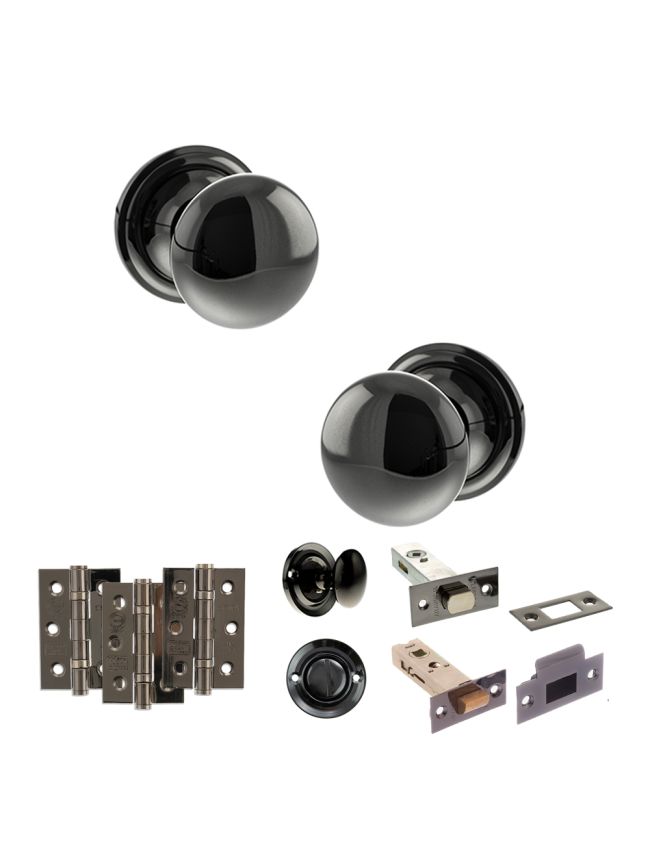 Old English Harrogate Door Knob Pack (Bathroom Set - 3" Deadbolt, 3" Fire Rated Hinges x3) - Black Nickel
