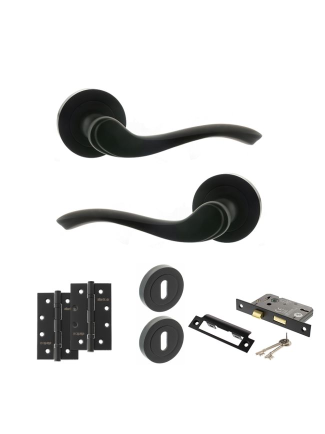 Old English Warwick Door Handle Pack (3 Lever Lock Set - 2.5" CE Sashlock, 4" Slim Knuckle Hinges x2) - Matt Black