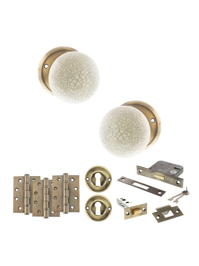 Old English Skipton Door Knob Pack (Lock Set - 3" Latch & Deadlock, 4" Fire Rated Hinges x3) - Antique Brass